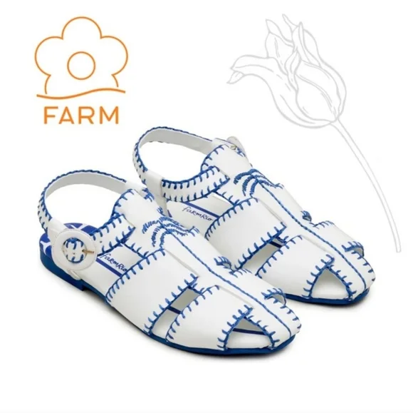 NWT FARM Rio Blue Palm Tree Embroidered Sandals Size 9.5 - Picture 1 of 5